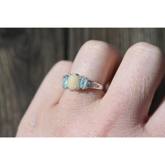 Aquamarine and Ethiopian opal ring sterling silver size 3 4 5 6 7 8 9 10 11 12 - Picture 2 of 3